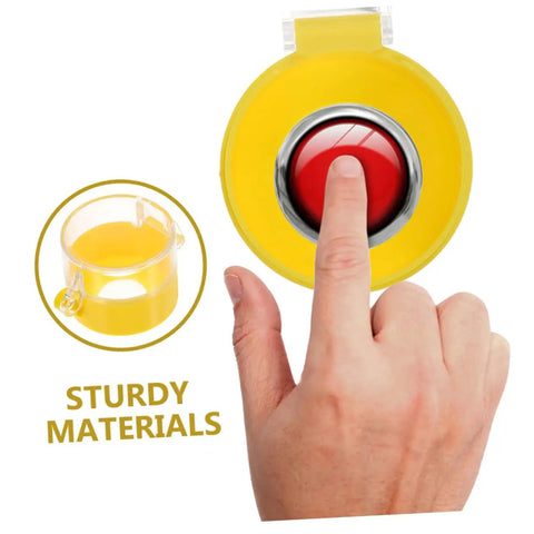 Hand pressing red button behind 2 Pack Transparent Switch Safety Guard Covers For Laundry Machines Emergency Start Button Protectors