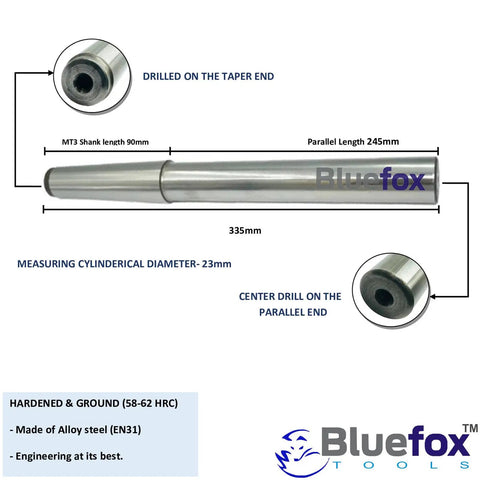 Image showing Pro Grade Precision 335mm Lathe Alignment Test Bar with Morse Taper 3, EN31 Alloy Steel Hardened and Ground, Ultra Low Runout to 0.0002 Inches, ideal for center-to-center and spindle alignment in workshop and industrial use with detailed measurements.