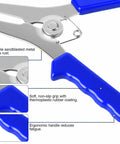 Heavy Duty Miter Spring Clamps Pliers Kit With Stainless Steel Rubber Handle For Woodworking And Crafting Plus Rust Resistant Heat Treated Design Perfect For Shop Or Job Site Work, blue handle close-up