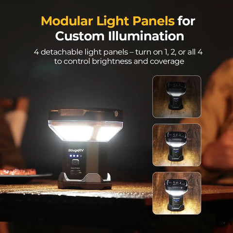 Modular camping lamp with detachable panels on dark background, showcasing brightness control and custom illumination features.