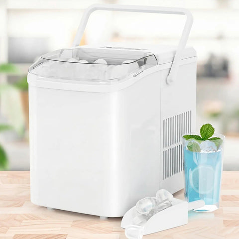 White Grab And Go Countertop Ice Maker With Handle Portable Ice Machine Delivers Ice In Six Minutes, Nine Bullet Ice Cubes Per Batch