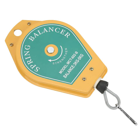 Heavy Duty Spring Balancer Tool Holder For 3-5kg Pneumatic Electric Equipment Saves Space Cuts Fatigue On Factory Assembly Lines With Safety Lock showing yellow and green design.