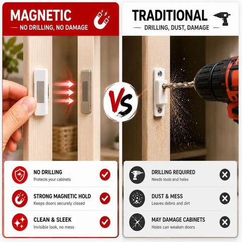Comparison of Six Pack No Drill Magnetic Cabinet Door Catch With Adhesive Magnets vs traditional drilling method