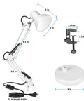 Metal Desk Lamp With Swing Arm And Clamp On Base Two In One Desk Or Clip On Light, showing dimensions and parts.