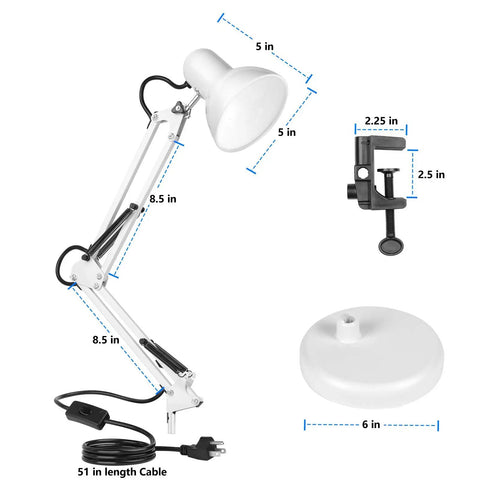 Metal Desk Lamp With Swing Arm And Clamp On Base Two In One Desk Or Clip On Light, showing dimensions and parts.