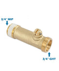 Brass Water Heater Drain Valve Three Quarters Inch MIP To MHT with Easy Turn Handle in side view showing threaded ends