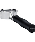Badass All Stainless Steel Unibody Bottomless Portafilter With Integrated High Extraction Basket For Breville Dual Boiler Espresso Machine Compatible With Bes900xl Bes920xl Bes980xl, shown from an angle with black handle.