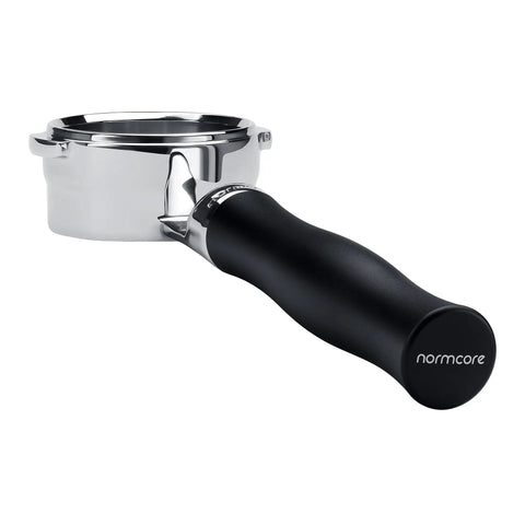 Badass All Stainless Steel Unibody Bottomless Portafilter With Integrated High Extraction Basket For Breville Dual Boiler Espresso Machine Compatible With Bes900xl Bes920xl Bes980xl, shown from an angle with black handle.