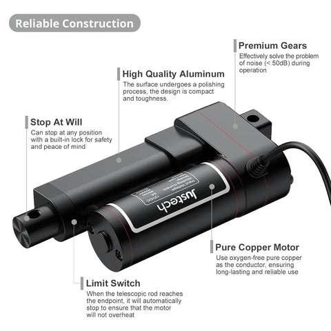Justech 12V heavy-duty linear actuator with mounting bracket; black aluminum housing, side view