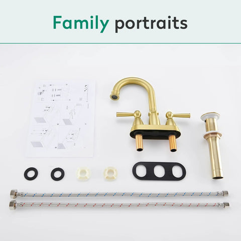 Brushed Gold Bathroom Faucet With 4 Inch Centerset Two Hole Design, Double Handles, with components and installation guide