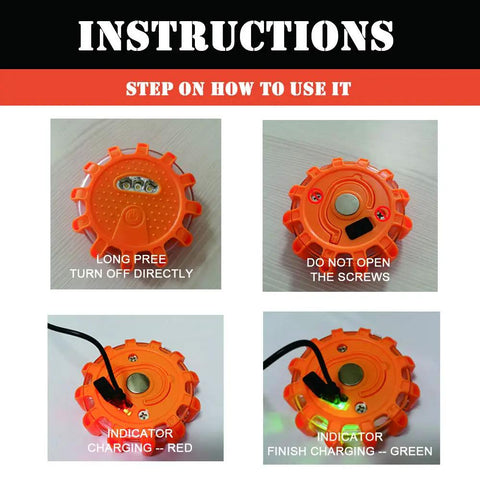 USB Rechargeable LED Road Flares Emergency Lights Kit With Magnetic Base Three Beacon Discs Instructions and Charging Indicators