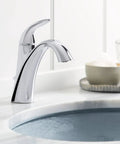Alteo Single Handle Bathroom Sink Faucet For Single Hole Or Centerset Install, polished chrome finish next to basin