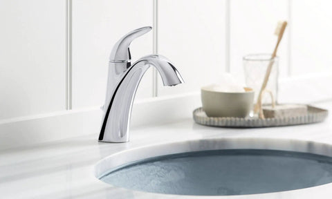 Alteo Single Handle Bathroom Sink Faucet For Single Hole Or Centerset Install, polished chrome finish next to basin