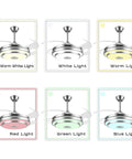 42 Inch Modern Retractable Ceiling Fan With Remote And Smart Bluetooth App Control Dimmable RGB Lights 6 Speeds Nickel Finish