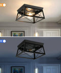 Two Light Flush Mount Ceiling Light Fixture In Matte Black With Open Cage Metal Frame shown both lit and unlit in a room view