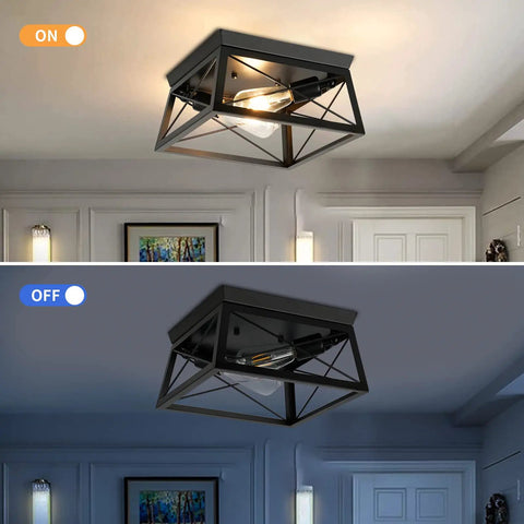 Two Light Flush Mount Ceiling Light Fixture In Matte Black With Open Cage Metal Frame shown both lit and unlit in a room view