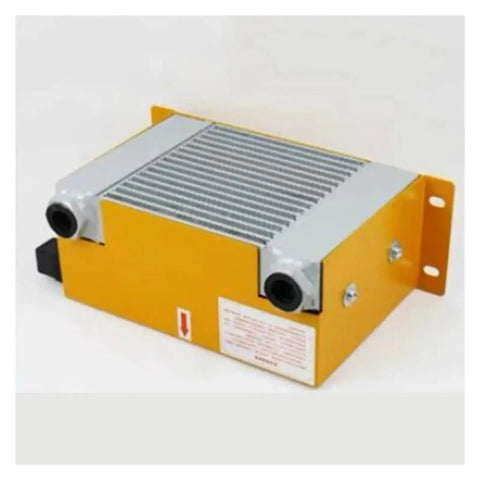 Yellow Beefy Hydraulic Air Cooler With Sixty Liters Per Minute Flow Low Noise Plate Heat Exchanger, 12V, front angle