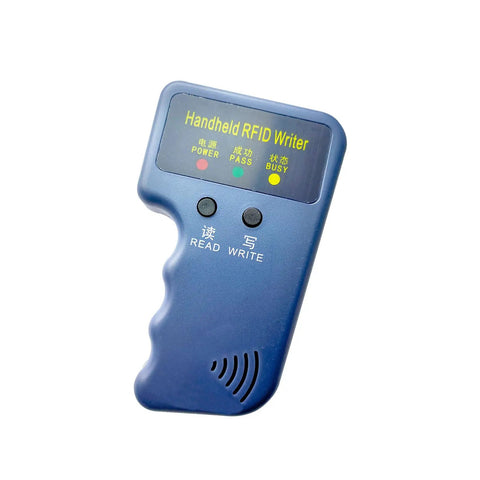 Handheld 125KHz RFID Copier And Duplicator For T5577 And EM4305 Cards, blue device, front view with read and write buttons