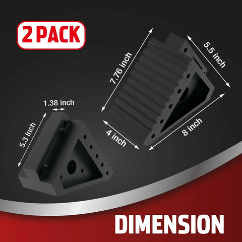 Heavy Duty Rubber Wheel Chocks For Cars, SUVs, Trucks And ATVs, Solid Tire Stop Block With Wide Handle, dimensions shown.