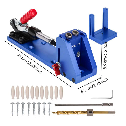 Heavy Duty Pocket Hole Jig Kit With Built In Clamp Adjustable For Board Thickness Woodworking Tool Perfect For Amateur Crafters And Cabinet Makers Who Need Strong Seamless Joints Every Time. Blue metal jig kit with clamp, drill bit, screws, and plugs