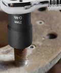 Lug Nut Removal Kit For Stripped And Frozen Bolts 21mm socket in use on rusted bolt with half inch drive and ratchet tool