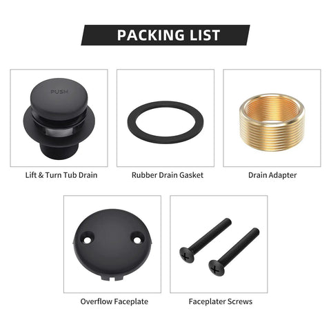 Universal All Metal Bath Tub Drain And Overflow Kit With Easy Install, Matte Black Tub Drain Replacement parts layout