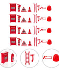 Mini Firefighter Pretend Play Kit With Four Toy Fire Extinguishers And A Ladder For Kids Imaginative Fire Rescue Role Play Durable And Fun Fire Safety Props For Little Heroes featuring fire alarms, extinguishers, ladders, and helmets.