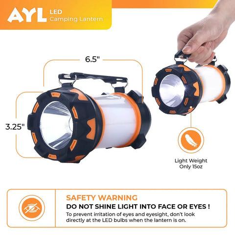 Rechargeable LED Camping Lantern With 360 Degree Illumination, Super Bright Lantern And Spotlight with handle and dimensions shown