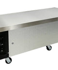 Rugged Build 72 Inch Chef Base Commercial Refrigerator With Four Smooth Gliding Stainless Steel Drawers, side view on wheels.