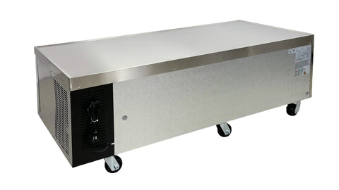 Rugged Build 72 Inch Chef Base Commercial Refrigerator With Four Smooth Gliding Stainless Steel Drawers, side view on wheels.