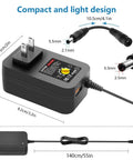 Adjustable DC Power Supply 6V To 24V With 5V 2A USB Port, 36W Universal AC DC Adapter, showing size and connectors