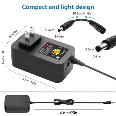 Adjustable DC Power Supply 6V To 24V With 5V 2A USB Port, 36W Universal AC DC Adapter, showing size and connectors