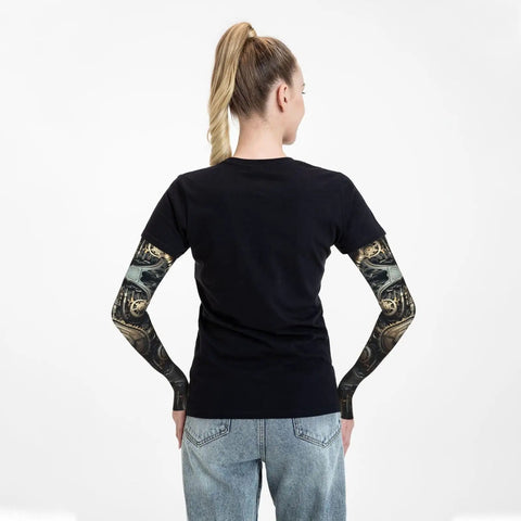 Chill Out Ice Silk Sun Sleeves Ultra Lightweight Cooling Arm Shades For Road Cycling Fishing Fresh All Over Print Design on a model's arms from behind.