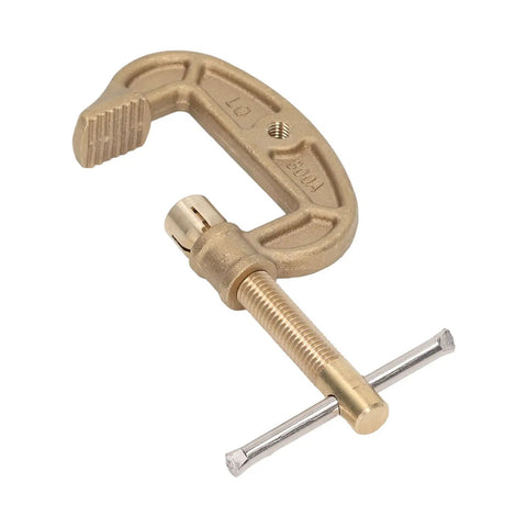 Heavy Duty Brass Welding Ground Clamp For High Current Arc And Gas Welding Jobs With Superb Electrical Conductivity And Rust Proof Finish To Keep Your Shop Running Smooth And Safe Today, showing the clamp's brass design and threaded handle.