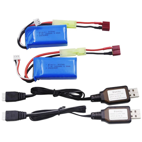 2 Pack 7 4V 1200mAh LiPo Batteries With USB Charger Cables For 1 To 18 Scale RC Trucks Replacement Includes Mini Tamiya Plug And T Plug Adapters