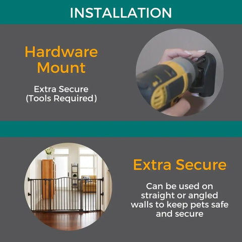 Installation of Extra Wide Windsor Arch Walk-Through Pet Gate 38.3 to 72 Inches Wide, 30 Inches Tall, demonstrating hardware mount.