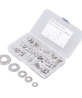 Stainless Steel Knurled Conical Spring Washer Kit, 140 Pieces, Includes M4 M5 M6 M8 M10 Sizes, Serrated And Durable, Organized Storage Box, Ideal For Automotive, Machinery, And DIY Fastener Assemblies, open case with assorted washers