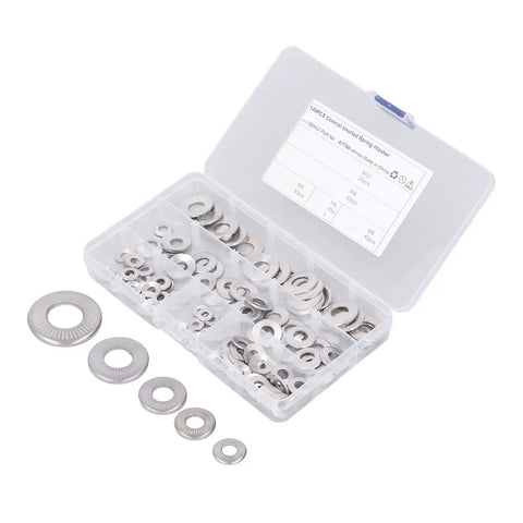 Stainless Steel Knurled Conical Spring Washer Kit, 140 Pieces, Includes M4 M5 M6 M8 M10 Sizes, Serrated And Durable, Organized Storage Box, Ideal For Automotive, Machinery, And DIY Fastener Assemblies, open case with assorted washers