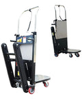 Heavy Duty Electric Stair Climbing Cart With 850W Copper Motor And Six Hundred Pound Capacity Foldable Tracked Dolly from front and side view.