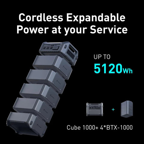 Cube 1000 Portable Power Station With 2200W AC Outlets And 1024Wh LiFePO4 Battery Expandable to 5120Wh shown in modular design
