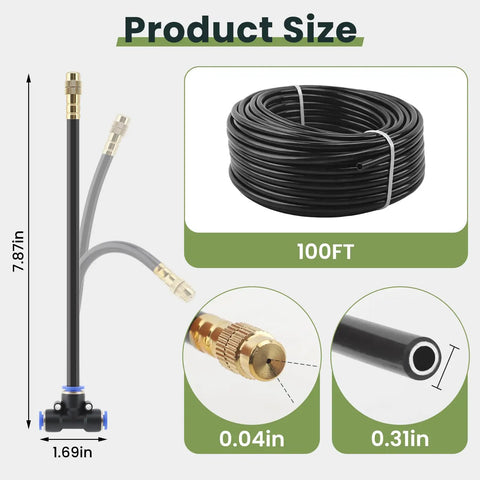 100FT Automatic Drip Irrigation Kit With Water Timer And 360 Degree Bendable Copper Atomizing Nozzles, tubing and nozzles size detail.