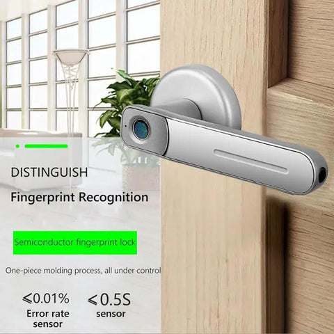 Straight Up Secure Zinc Alloy Fingerprint Door Lock With Two Backup Keys For No Extra Hustle Keyless Entry Smart Home Security Interior Door Handle Hardware And Heavy Duty Auto Lock System Quick Recognition Indoor Office viewed on a wooden door.