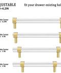 Adjustable Acrylic And Brass Cabinet Pulls With Center To Center Range 0 To 6 Point 2 Inches Four Piece Set In Modern Gold And Clear Finish