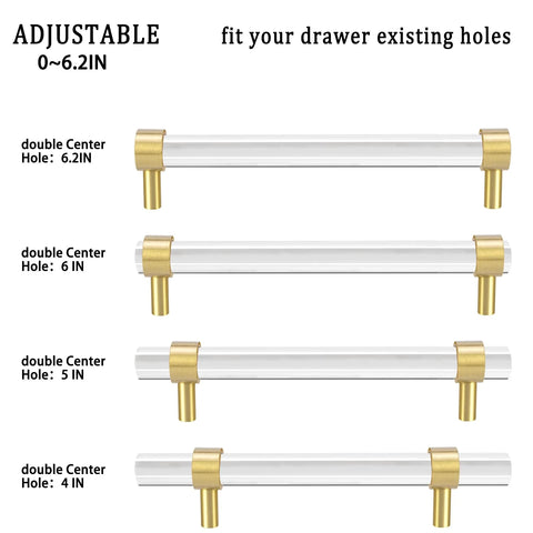 Adjustable Acrylic And Brass Cabinet Pulls With Center To Center Range 0 To 6 Point 2 Inches Four Piece Set In Modern Gold And Clear Finish