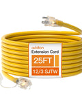 25 Ft Outdoor Extension Cord 12 Gauge SJTW Heavy Duty Waterproof Yellow 3 Prong Power Cable for Garden, Home or Office Use with Indicator Light ETL Listed, coiled
