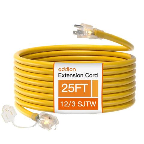 25 Ft Outdoor Extension Cord 12 Gauge SJTW Heavy Duty Waterproof Yellow 3 Prong Power Cable for Garden, Home or Office Use with Indicator Light ETL Listed, coiled