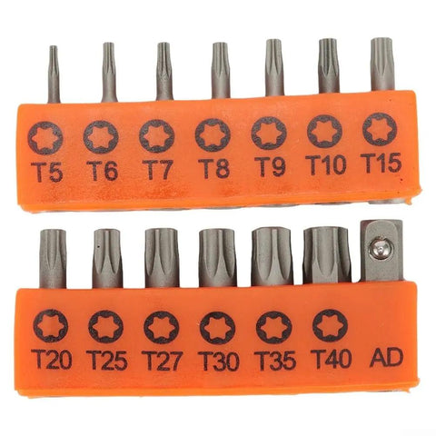Get Your Hands On A Sweet Set Of 14 Torx Bits, Each One Measuring Precisely 25mm For All Your Electric Screwdriver Needs. Made From Tough Alloy Steel So You Can Tackle Any Repairs Without Worrying About Wear And Tear. Perfect For Tech Geeks, Mechanics,., 14pc Torx bits set in orange holder, 25mm alloy steel, sizes T5-T40