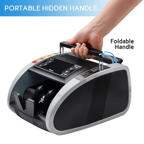 Person holding Money Counter Machine With UV MG IR Counterfeit Detection, Portable Bill Counter with foldable handle.