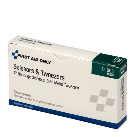 Front view of First Aid Only Scissors & Tweezers box; white packaging with blue logo shows 4" bandage scissors and 3½" metal tweezers