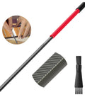 Fret end dressing file with red handle; long double-sided metal file and cleaning brush.